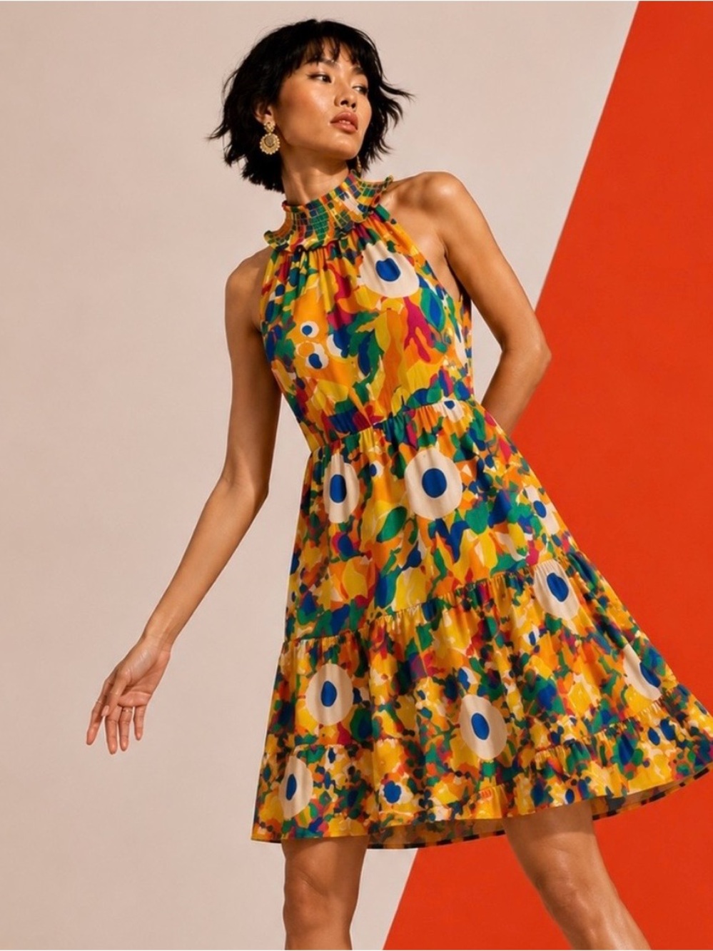 THML Abstract Smocked Neck Mini Dress XS Fits Like Small Colorful Ruffle Hem